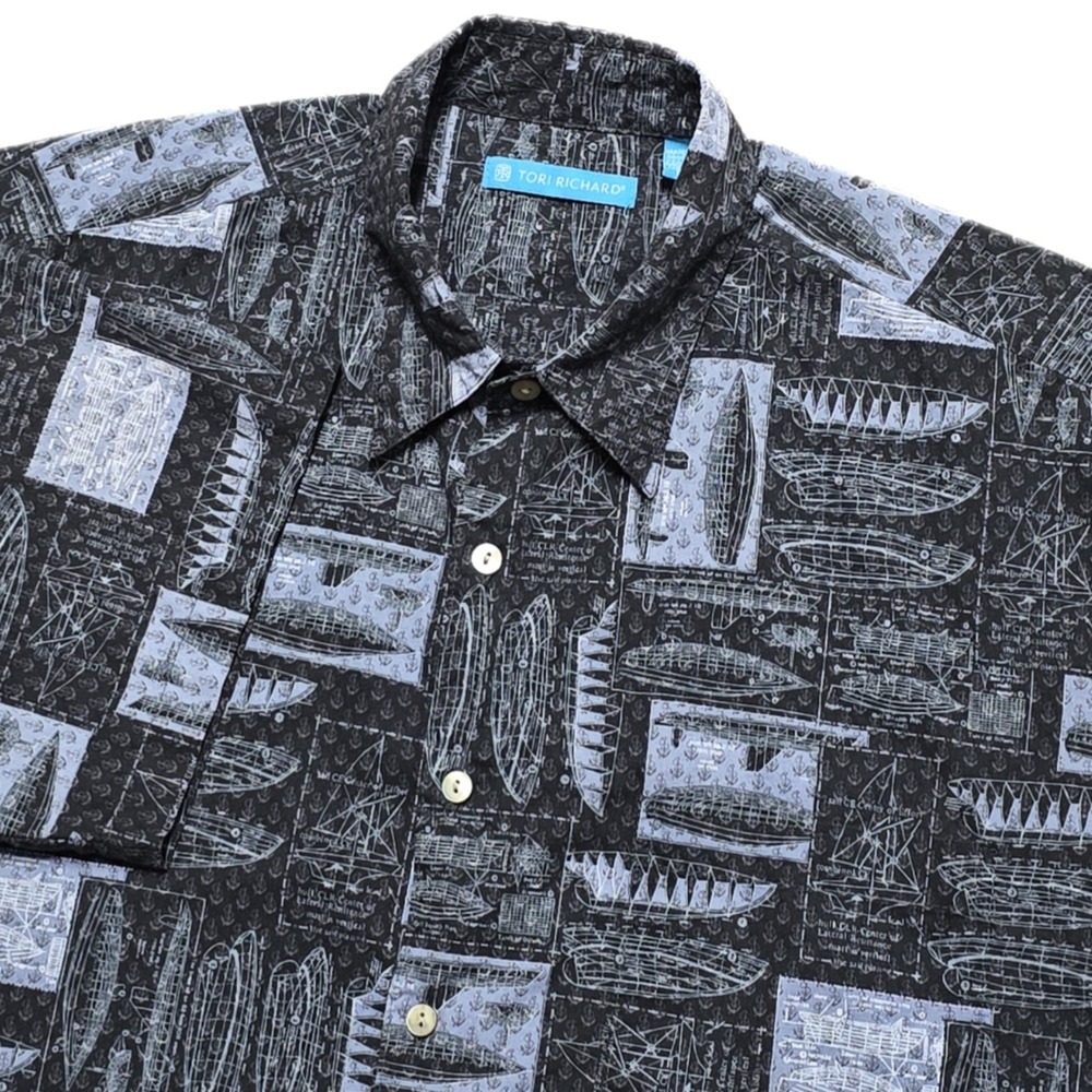 Tori Richard Shirt Mens Large Black Blue Geometric Nautical Button Up Hawaii USA